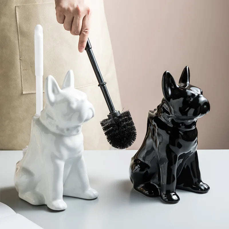 French bulldog ceramic toilet brush holder with black and white dog design – stylish bathroom cleaning accessory with hidden toilet brush