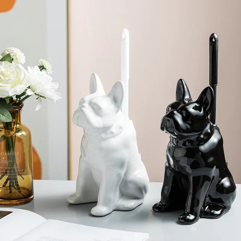French bulldog ceramic toilet brush holder with black and white dog design – stylish bathroom cleaning accessory with hidden toilet brush