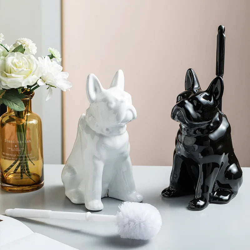 French bulldog ceramic toilet brush holder with black and white dog design – stylish bathroom cleaning accessory with hidden toilet brush