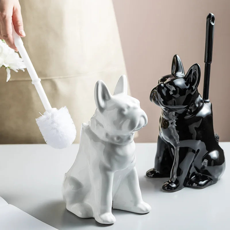 French bulldog ceramic toilet brush holder with black and white dog design – stylish bathroom cleaning accessory with hidden toilet brush
