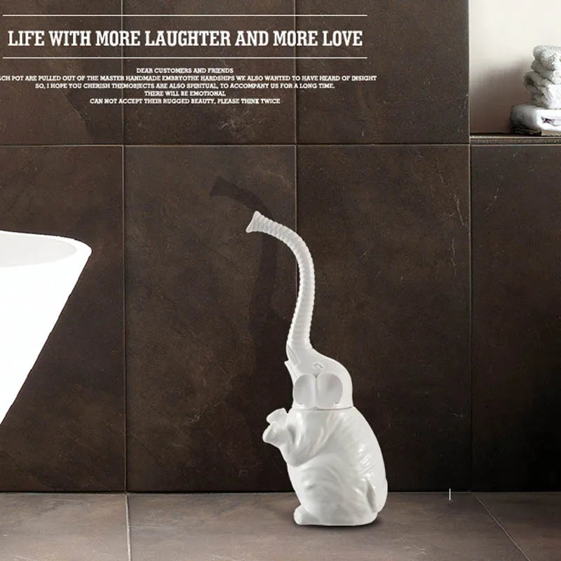 White elephant-shaped toilet brush holder with long trunk handle – decorative bathroom cleaning tool for modern home decor