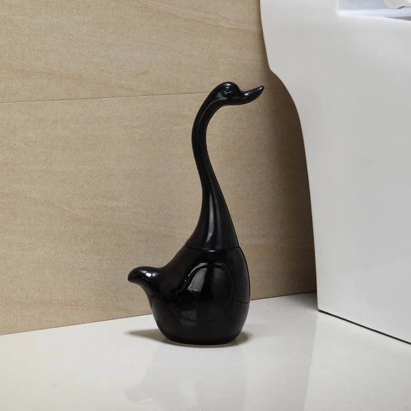Black swan-shaped toilet brush holder with long curved neck handle – elegant bathroom cleaning accessory and decorative storage