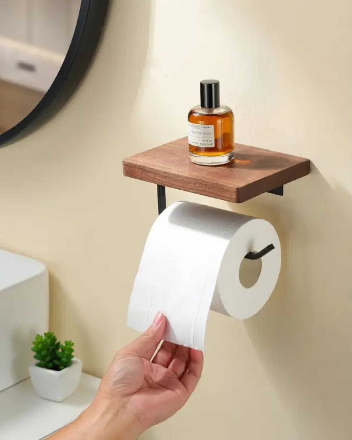 Toilet paper holder stand – Solid wood and metal – Black finish – Modern bathroom accessory