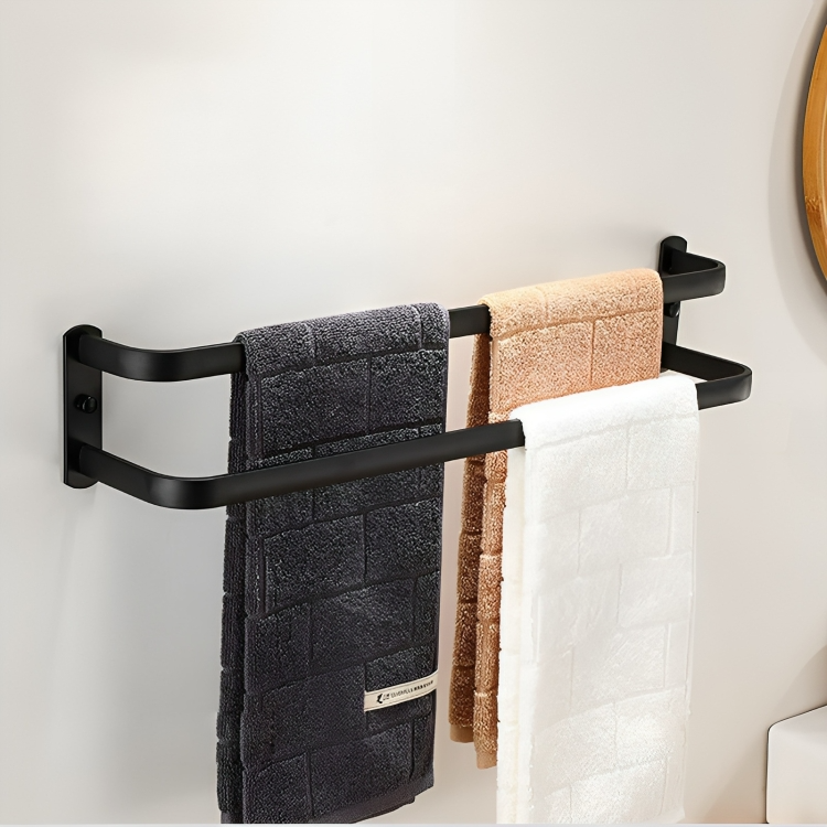 Towel rack – Aluminum – Black finish – Easy installation – Space-saving solution