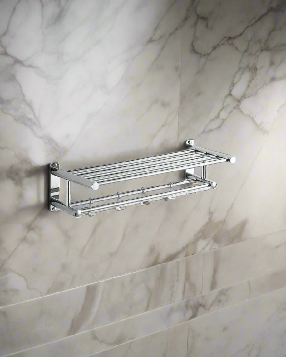 Towel rack – Polished chrome – Durable stainless steel – Modern bathroom organizer with hooks