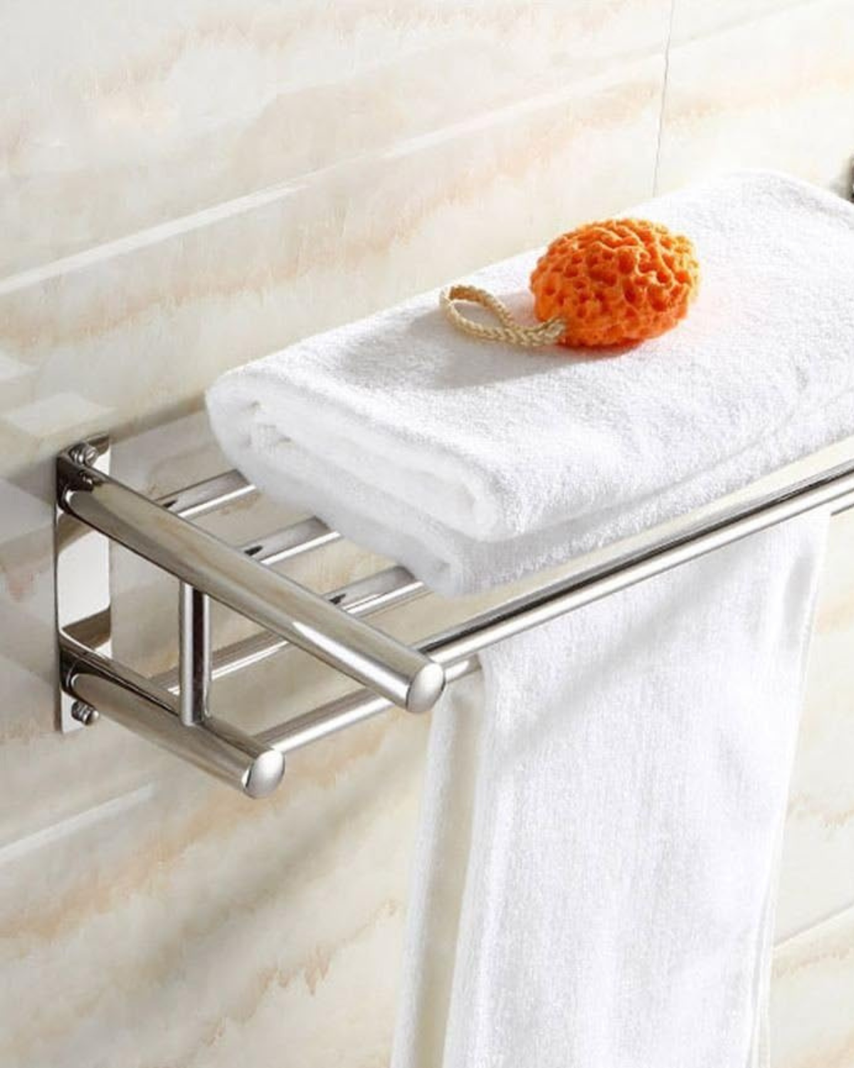 Towel rack – Polished chrome – Durable stainless steel – Modern bathroom organizer with hooks