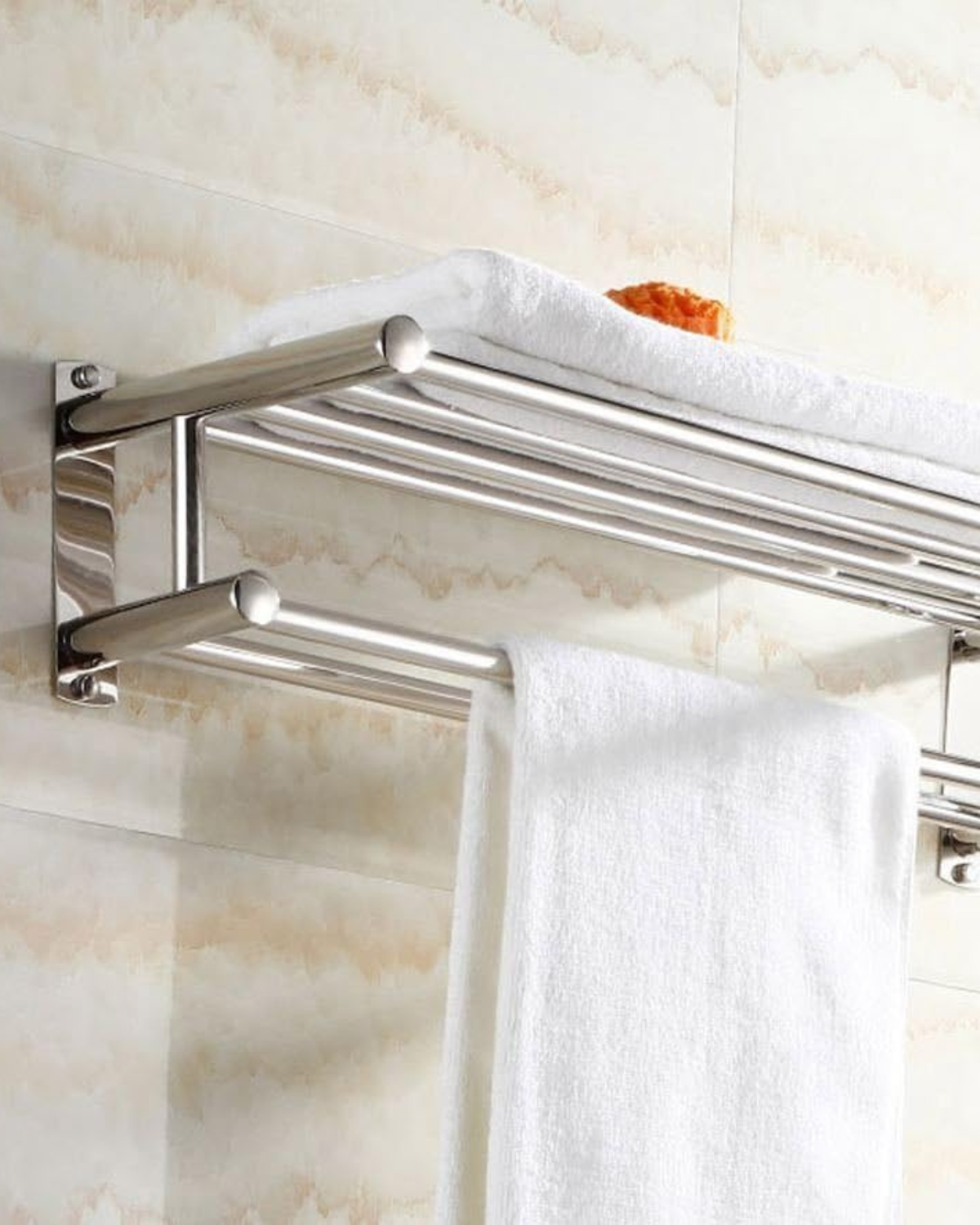 Towel rack – Polished chrome – Durable stainless steel – Modern bathroom organizer with hooks