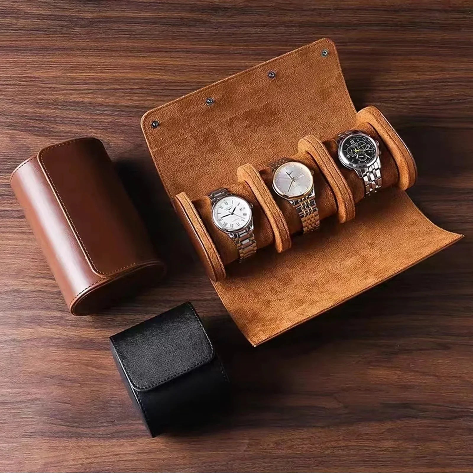 Luxury leather watch roll travel case with soft suede interior, 3-slot storage organizer for men’s wristwatches