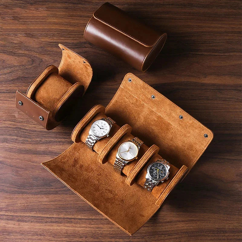 Luxury leather watch roll travel case with soft suede interior, 3-slot storage organizer for men’s wristwatches