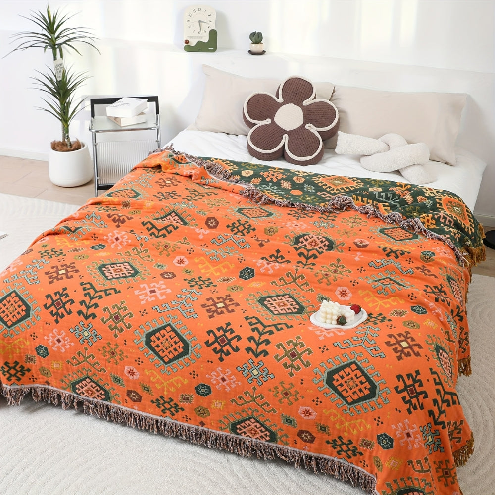 Tribal-Inspired Soft Geometric Fringe Blanket