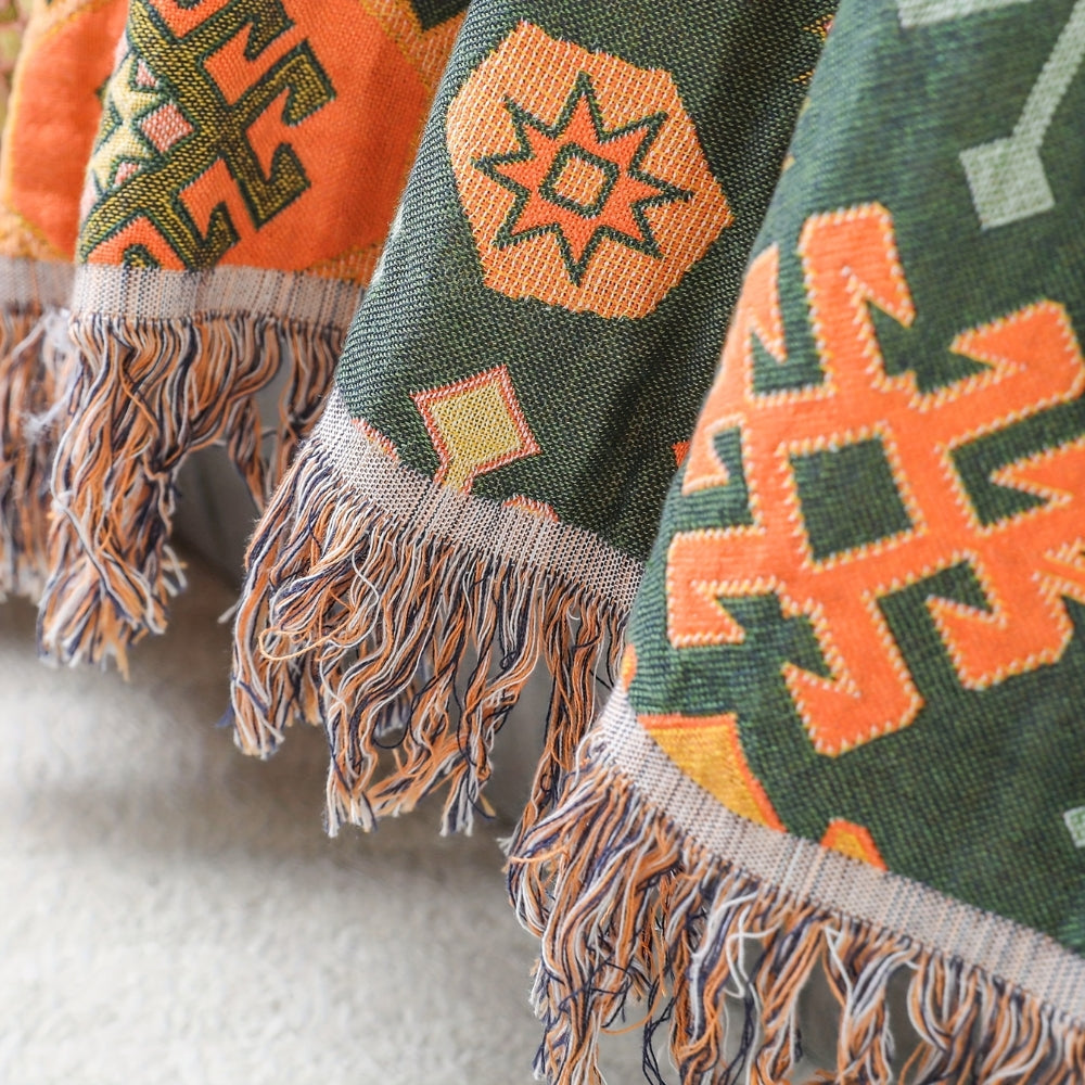 Tribal-Inspired Soft Geometric Fringe Blanket