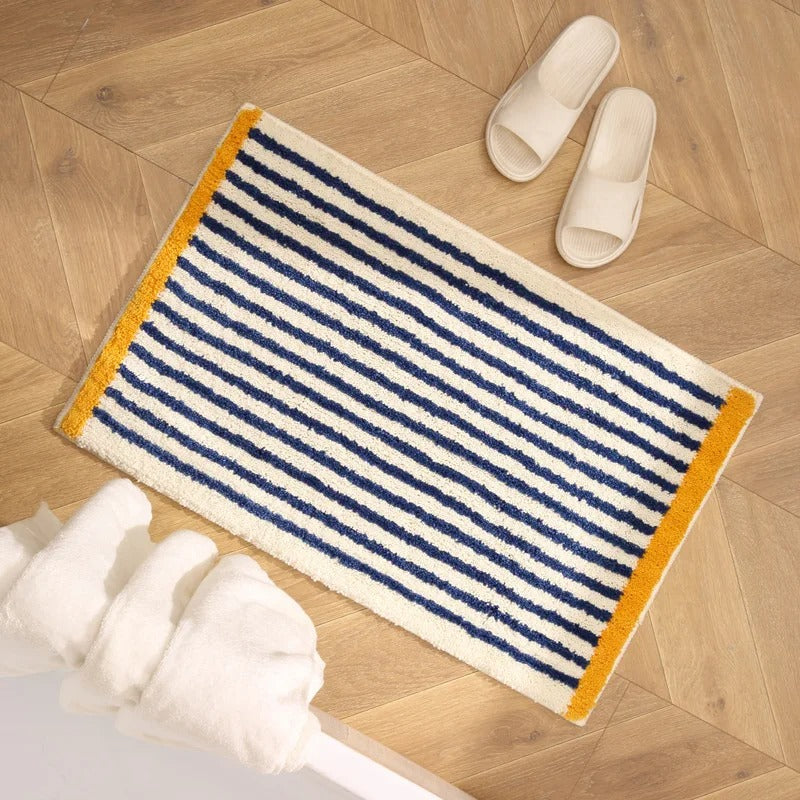 Tufted bath mat – Soft polyester – Modern blue stripe design – Anti-slip for bathroom and kitchen