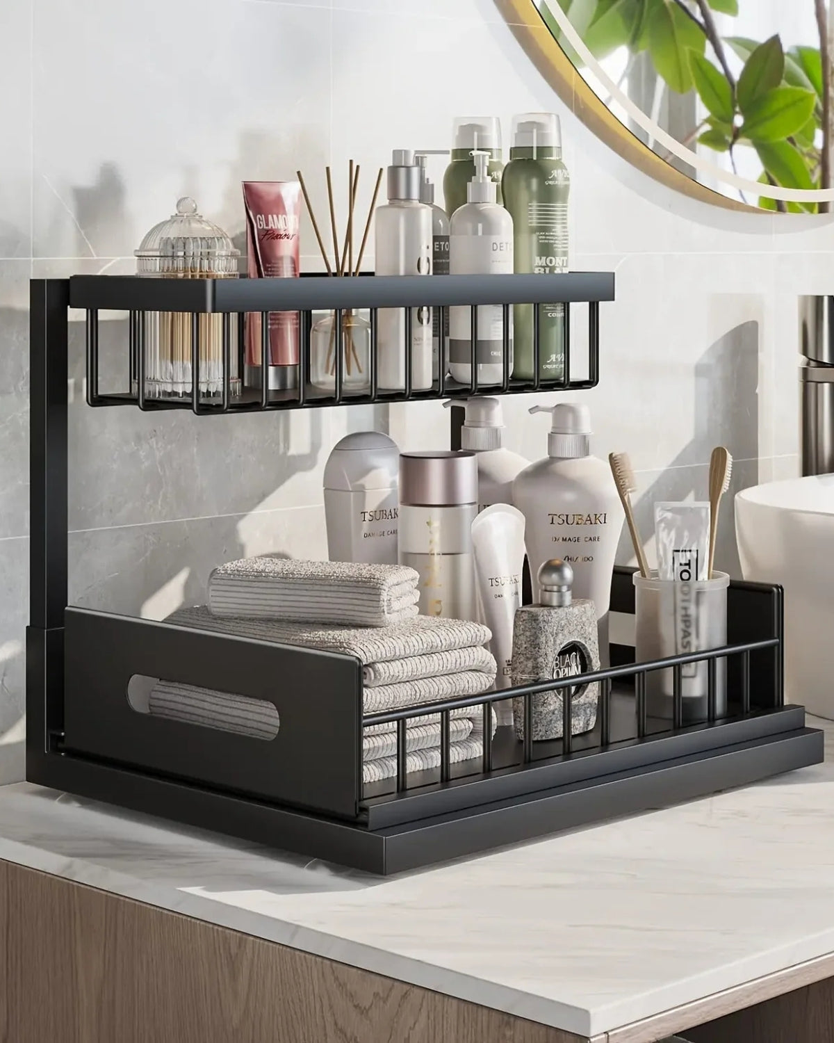Under Sink Organizer – Two-Level Pull-Out Design – Stylish Bathroom or Kitchen Storage Solution