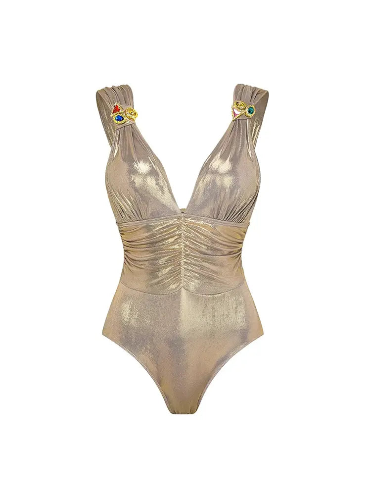 V-Neck Ruched Rhinestone One-Piece Swimsuit