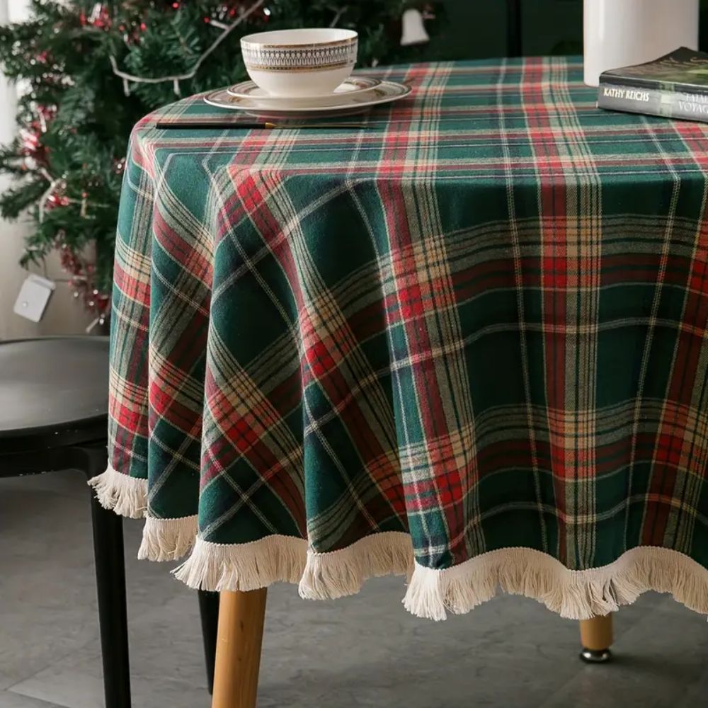 Christmas plaid tablecloth with tassel edge, festive red and green checkered table cover for holiday dining and home decor