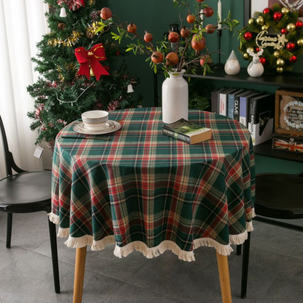 Christmas plaid tablecloth with tassel edge, festive red and green checkered table cover for holiday dining and home decor
