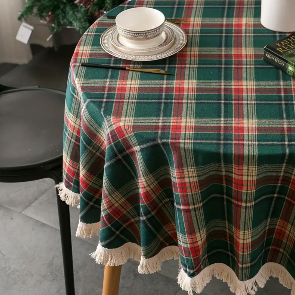 Christmas plaid tablecloth with tassel edge, festive red and green checkered table cover for holiday dining and home decor