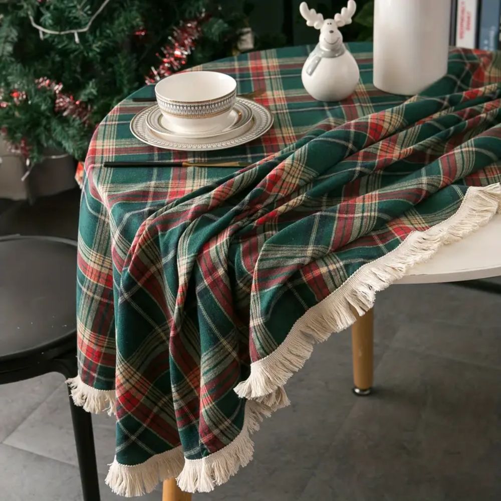 Christmas plaid tablecloth with tassel edge, festive red and green checkered table cover for holiday dining and home decor