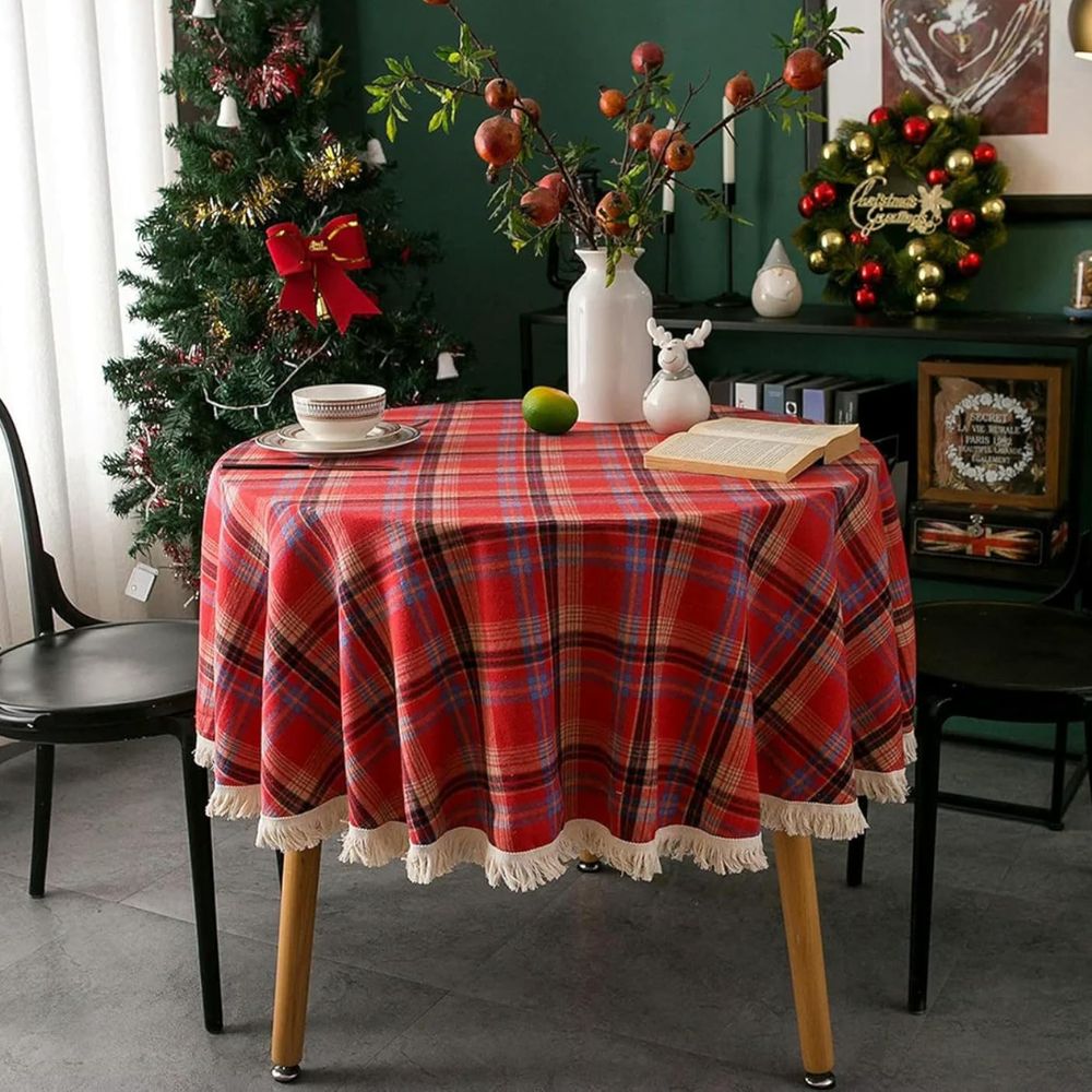Christmas plaid tablecloth with tassel edge, festive red and green checkered table cover for holiday dining and home decor