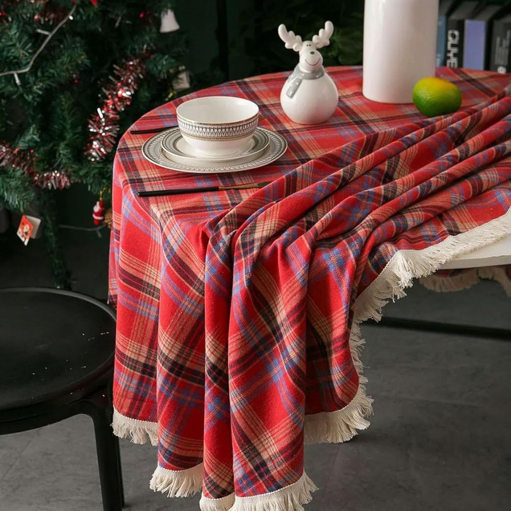 Christmas plaid tablecloth with tassel edge, festive red and green checkered table cover for holiday dining and home decor