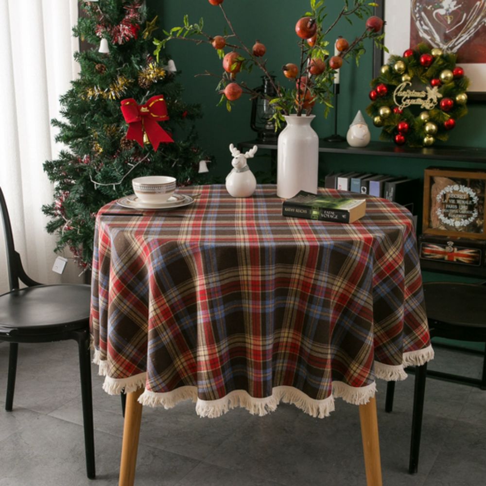 Christmas plaid tablecloth with tassel edge, festive red and green checkered table cover for holiday dining and home decor