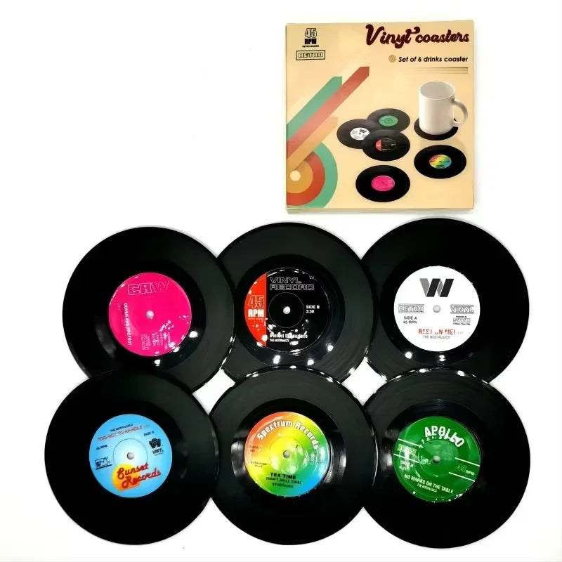 Vinyl record coasters – Retro design – Set of 6 – Durable and anti-slip drink mats