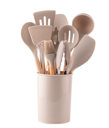 11-piece silicone kitchen utensil set with wooden handles, heat-resistant cooking tools including spatula, whisk, ladle, and tongs