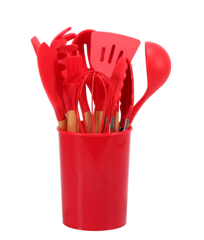 11-piece silicone kitchen utensil set with wooden handles, heat-resistant cooking tools including spatula, whisk, ladle, and tongs