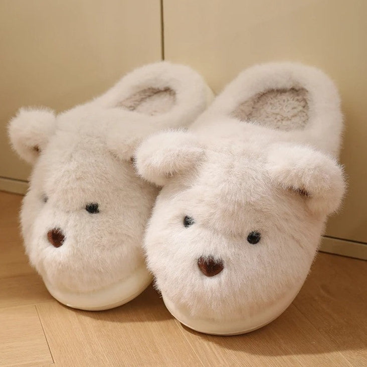 Womens slippers – Soft plush – Cute teddy bear design – Cozy indoor footwear – Available in khaki or white