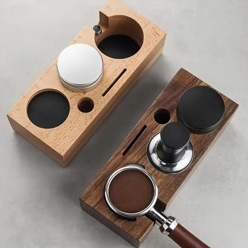 Wooden espresso tamper station with portafilter holder, barista coffee tool organizer for home or cafe