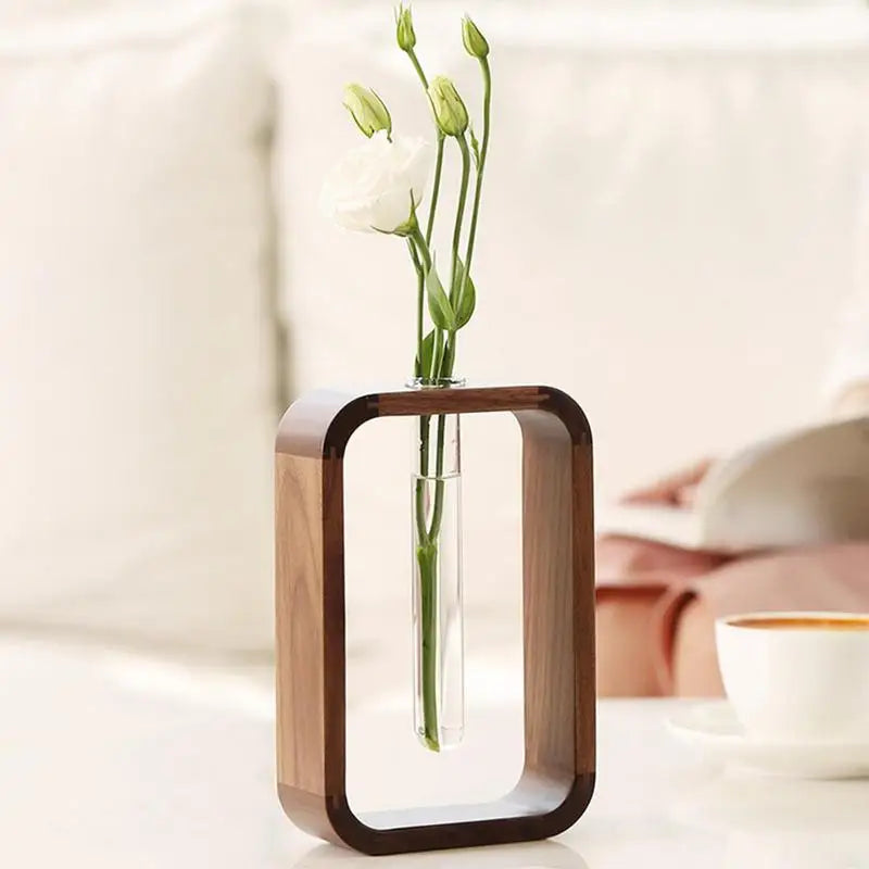 Wooden vase – Glass test tube – Elegant tabletop decor for home or office – 7.1 x 4.7 x 1.8 in