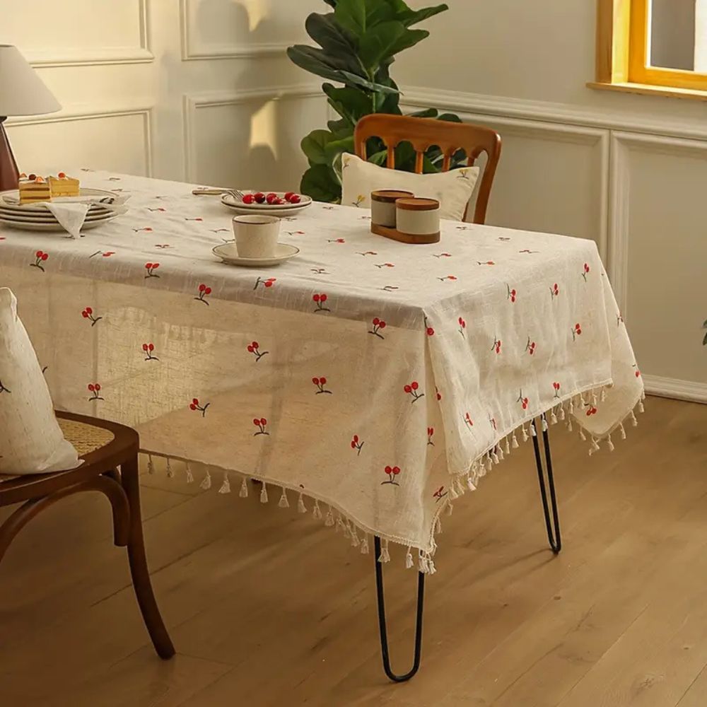 Vintage Red Cherry Tassel Tablecloth