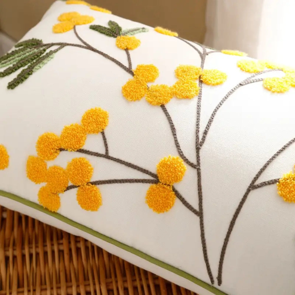 Yellow Bloom & Leaf Embroidery Cushion Cover