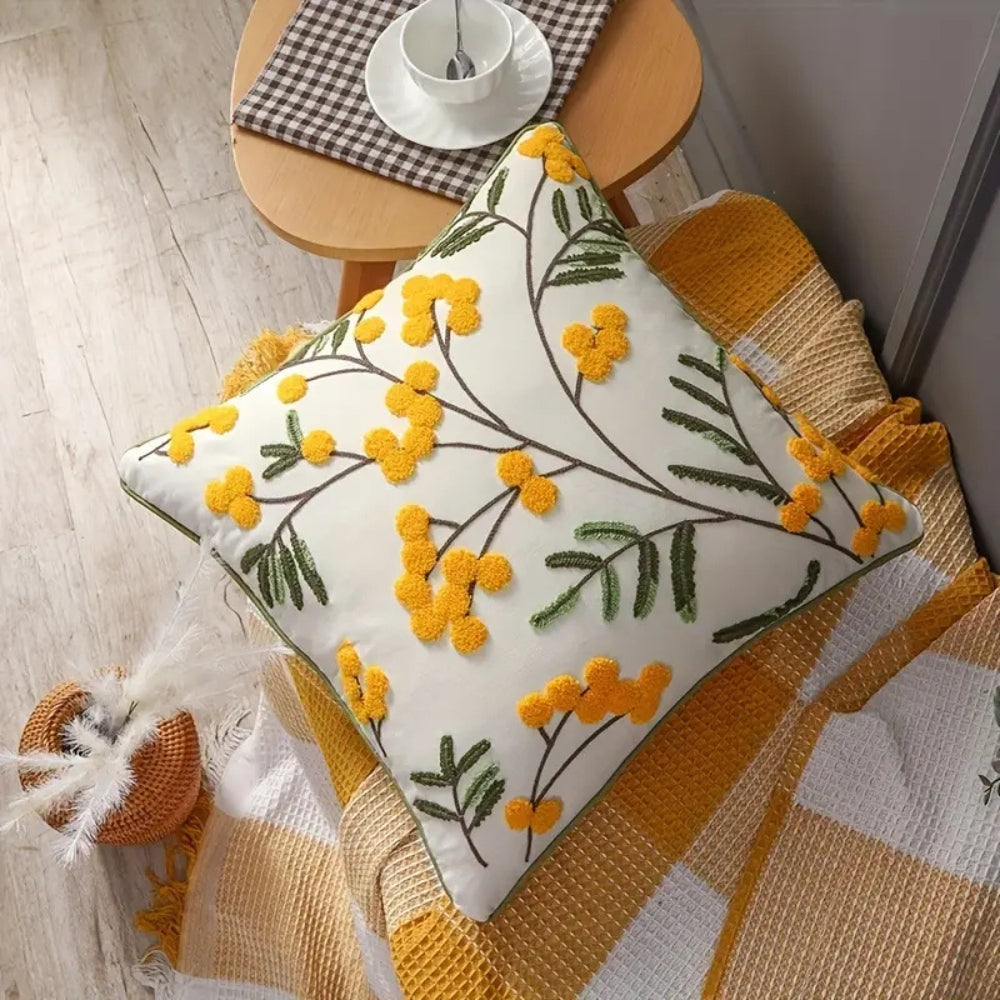 Yellow Bloom & Leaf Embroidery Cushion Cover
