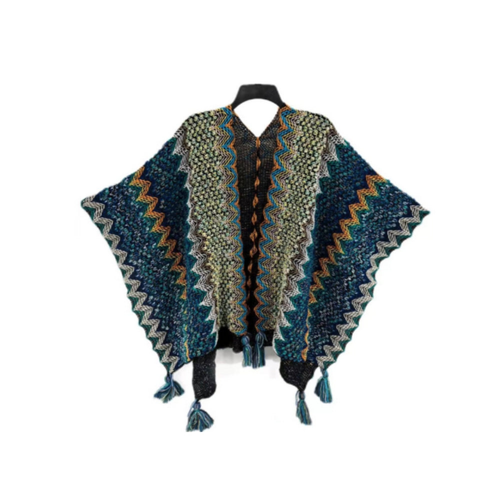 Zayla Tassel Striped Poncho Shawl