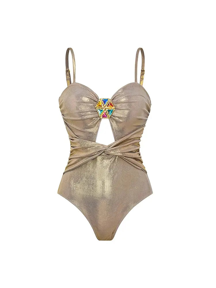 Rhinestone Ruched Shiny One-Piece Swimsuit