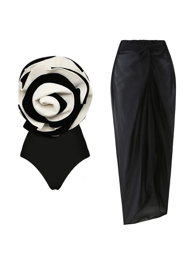 Black and White Floral Swimsuit Set