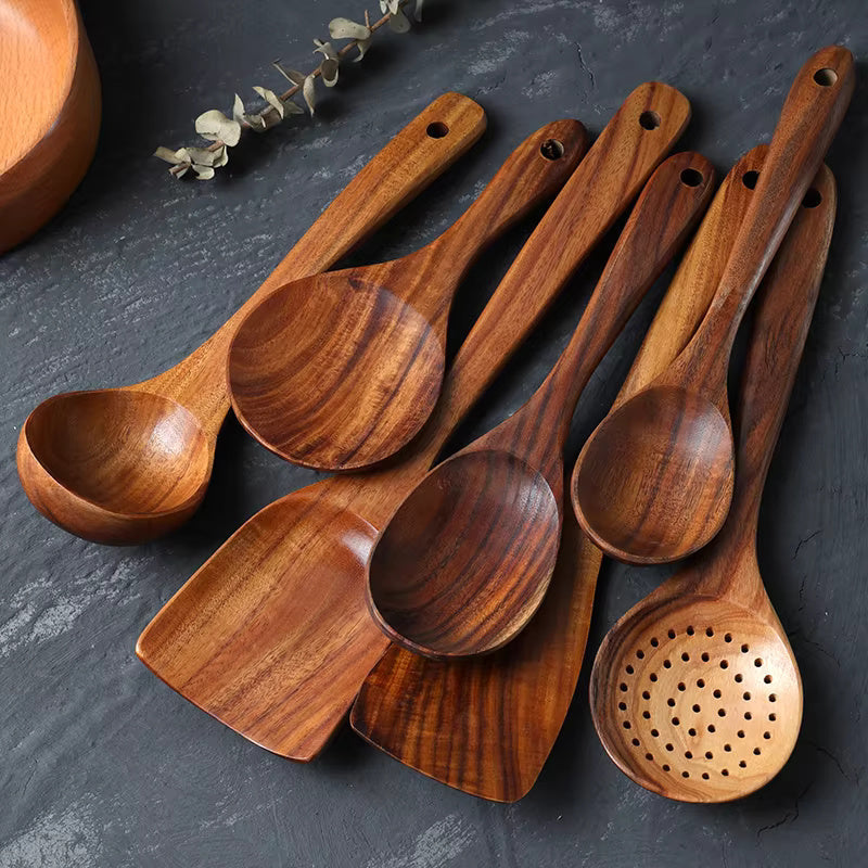 Set of handmade wooden cooking utensils – natural teak kitchen spoons and spatulas for non-stick cookware