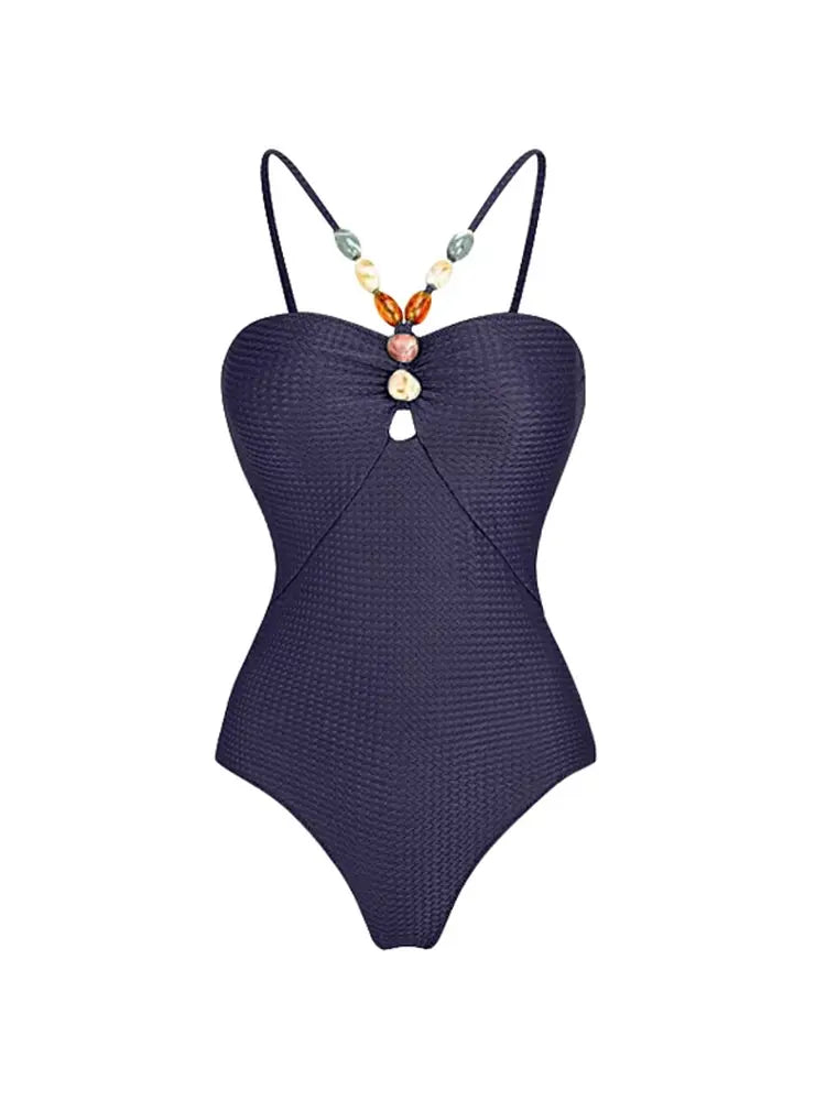 Beaded Textured Fabric One Piece Swimsuit Set