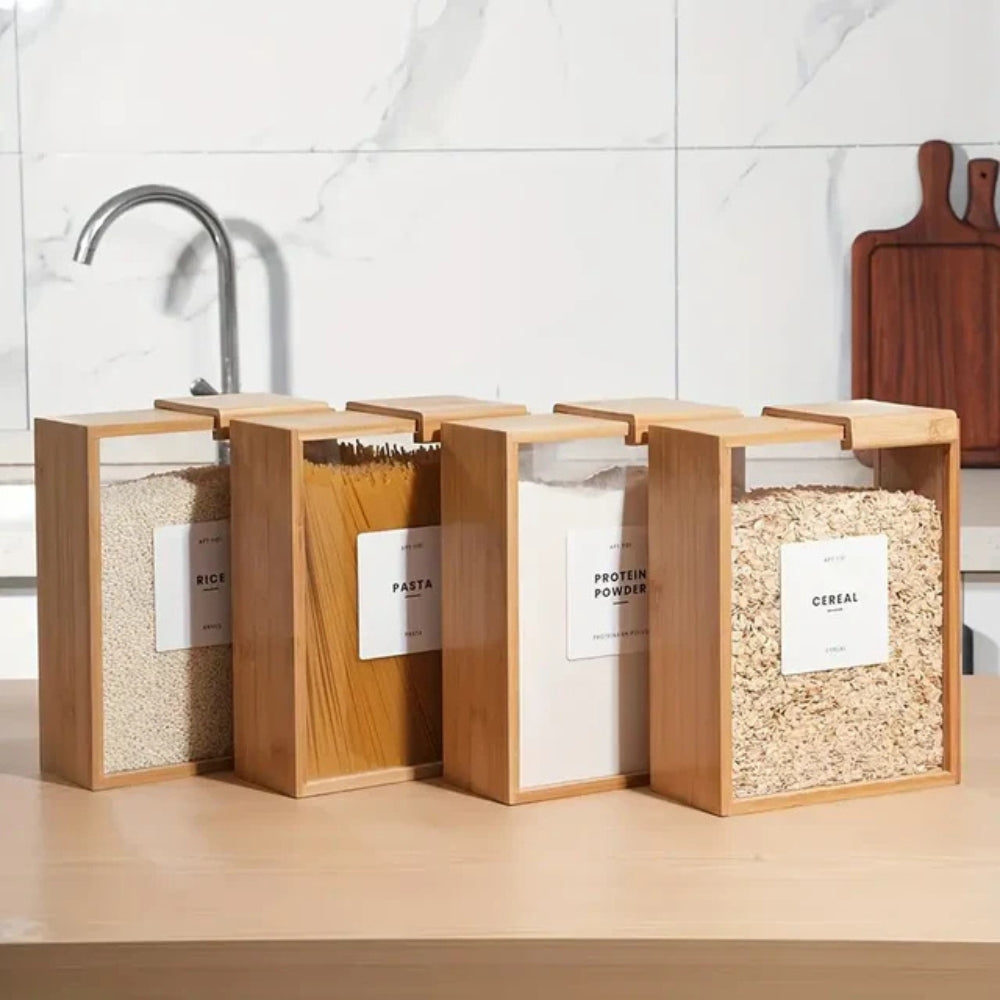 Wooden kitchen storage containers with clear front, airtight canisters for rice, pasta, cereal, and dry food organization