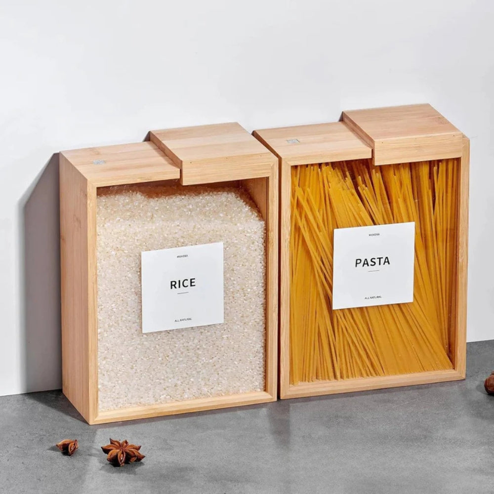 Wooden kitchen storage containers with clear front, airtight canisters for rice, pasta, cereal, and dry food organization