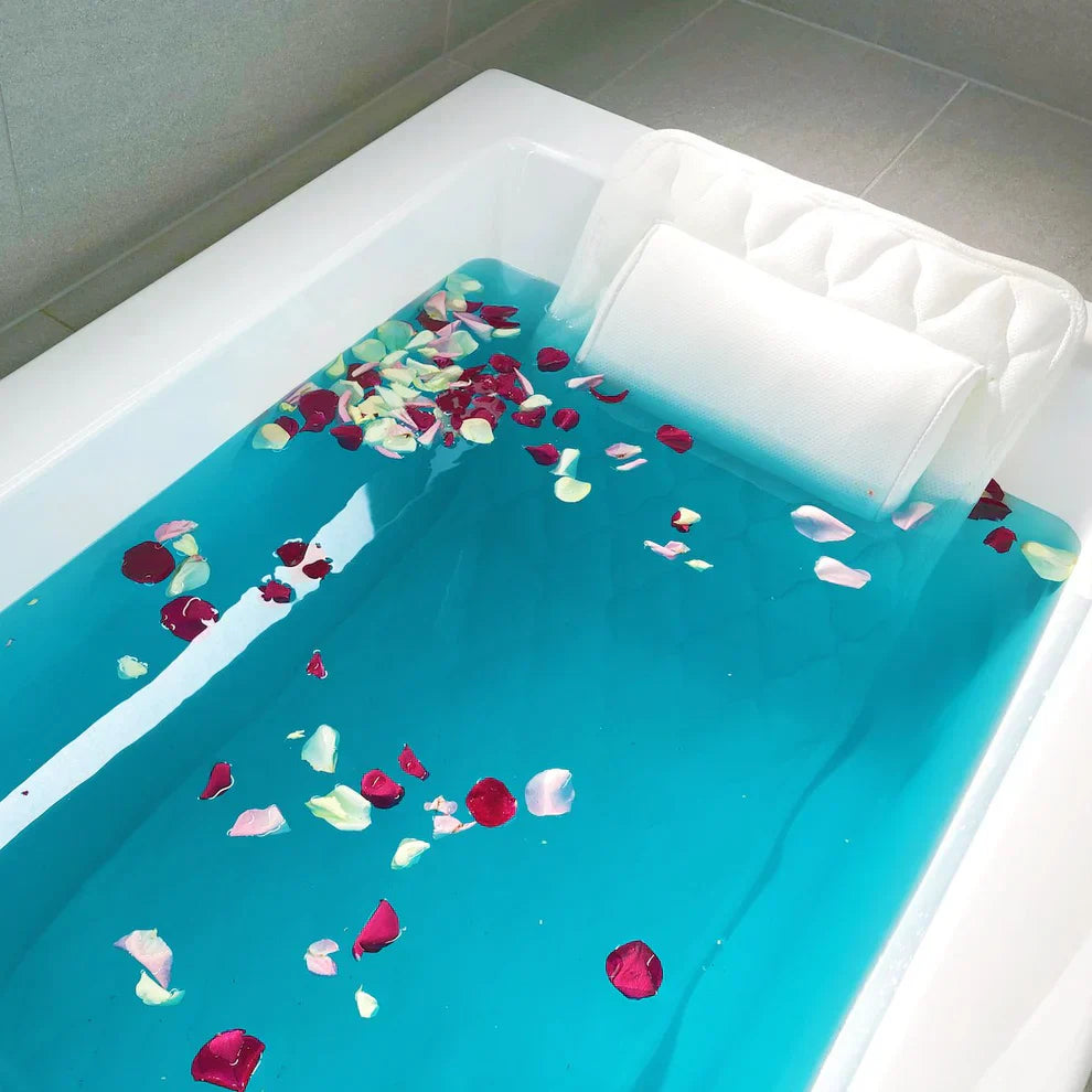 White padded bathtub mat with built-in pillow, full-length non-slip bath cushion for spa and tub comfort