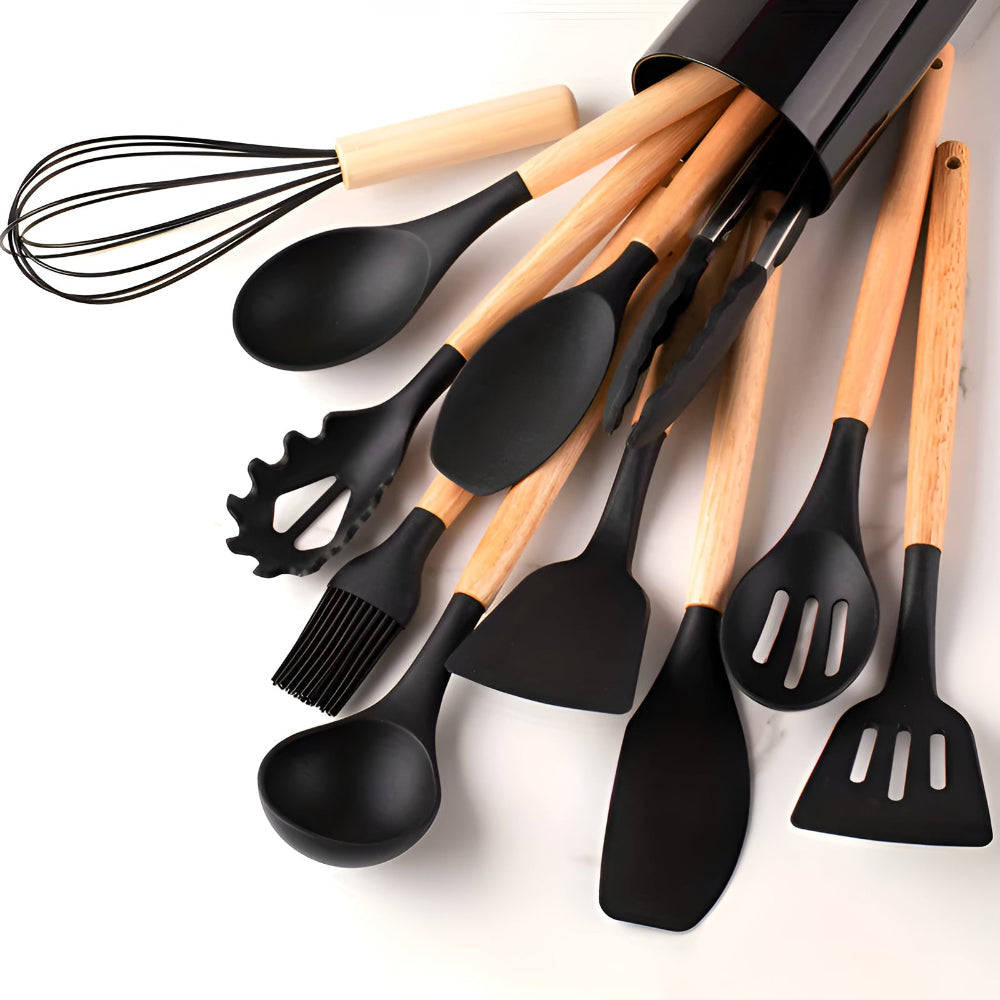 11-piece silicone kitchen utensil set with wooden handles, heat-resistant cooking tools including spatula, whisk, ladle, and tongs
