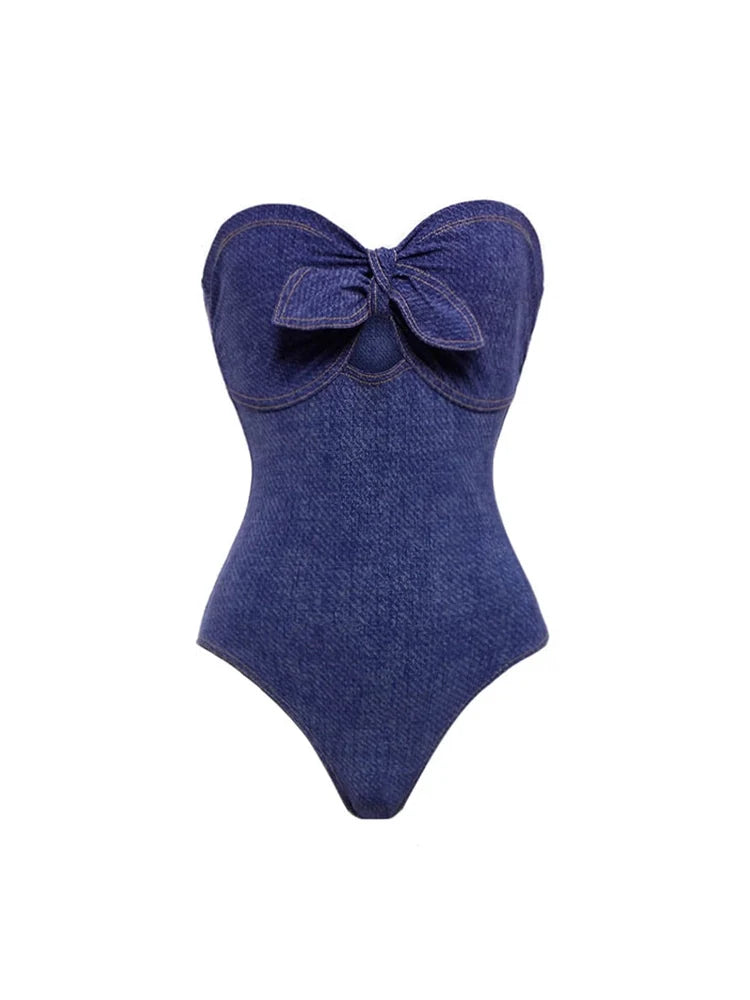 Denim Bandeau One Piece Swimsuit Set