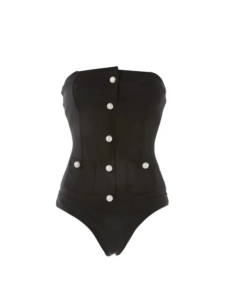 Chic Pearl Button Strapless Swimsuit