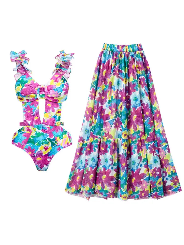 One Piece Print Cutout Swimsuit Set