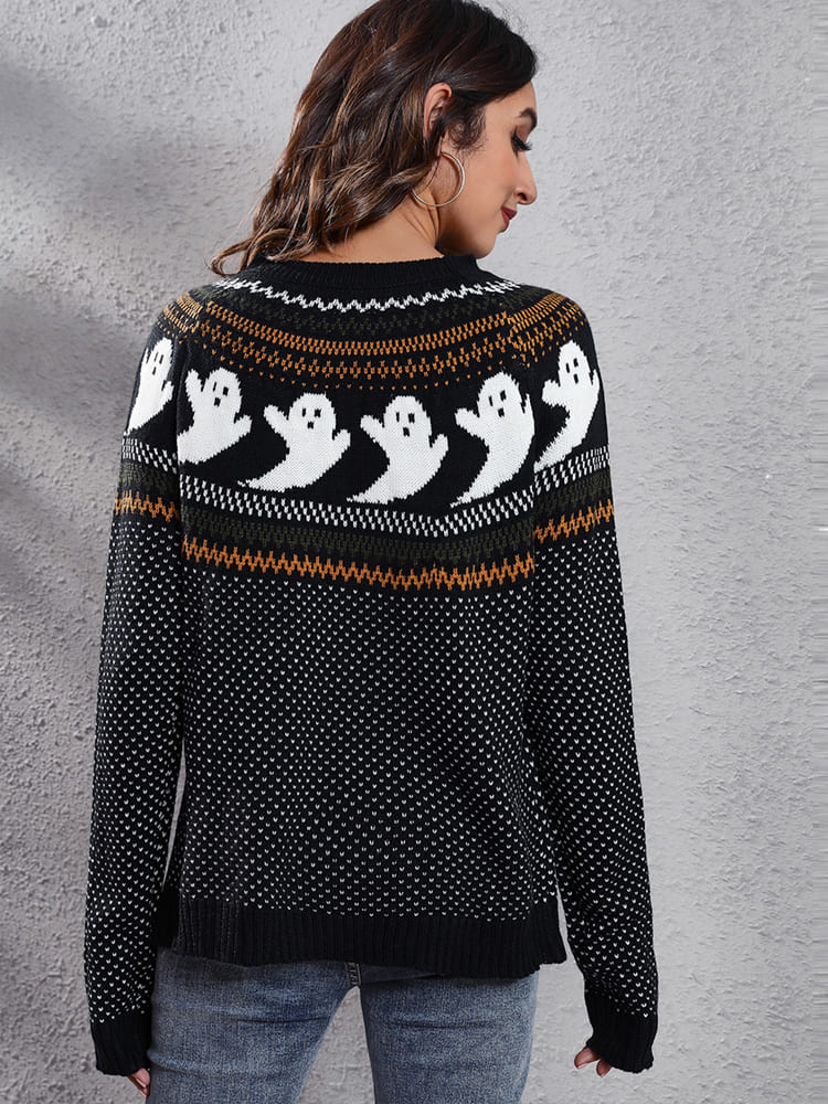 Literary Retro Ghost Pattern Round Neck Knitted Sweater