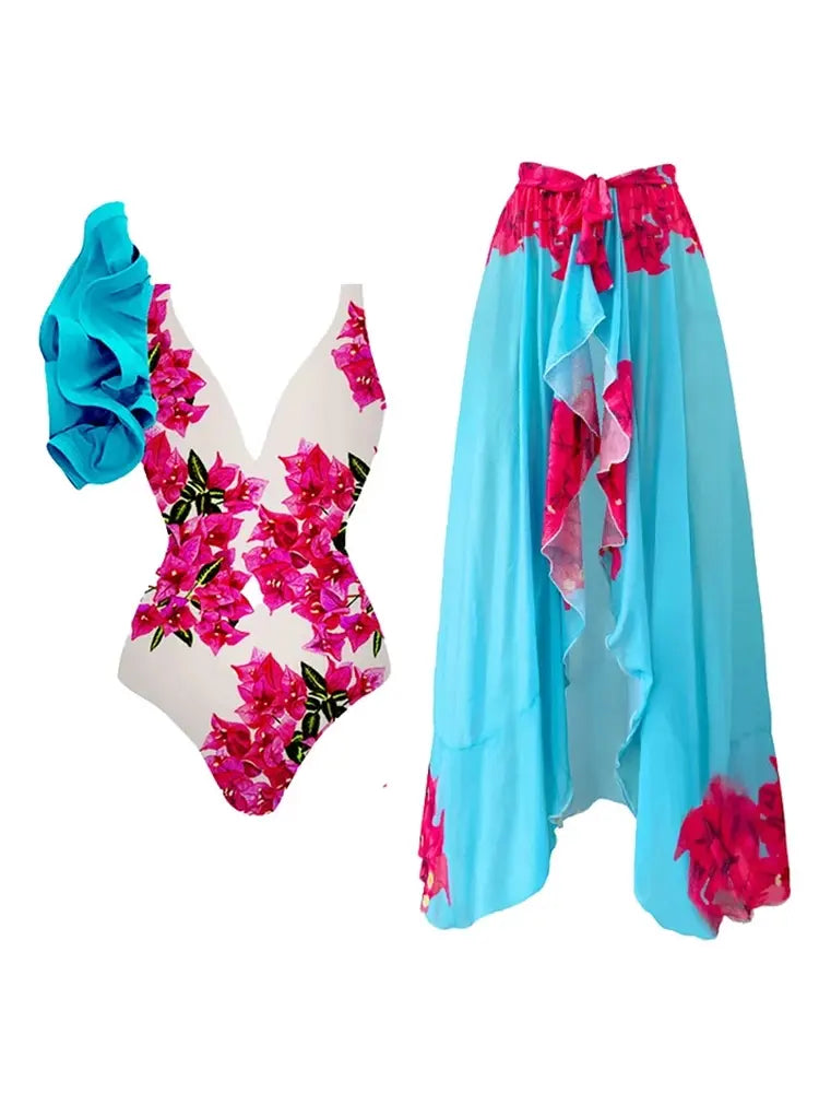 Floral Ruffle One Piece Swimwear Set