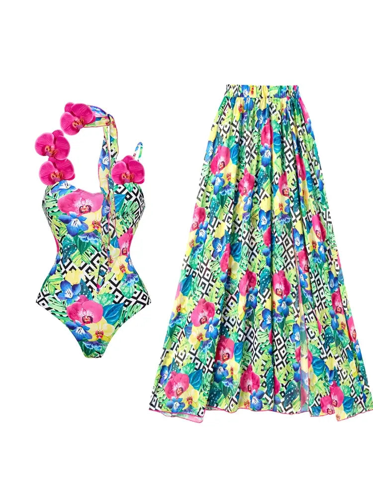 Orchid Strap Print Spaghetti Swimsuit Set