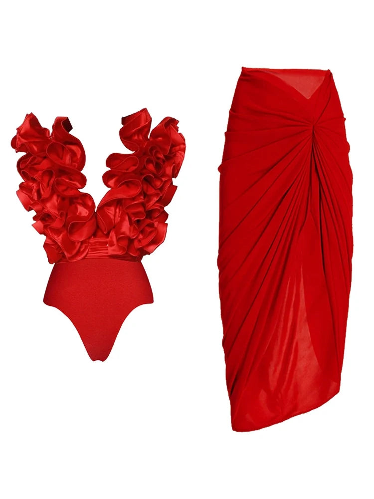 Lace Trim V-Neck Red Swimsuit Set